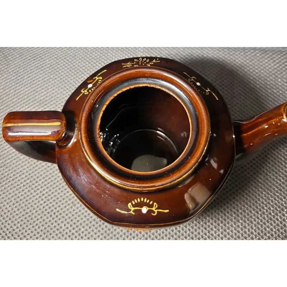 Vintage Brown Betty Redware Teapot Moriage Enamel Hand Painted Japan GUC MCM
